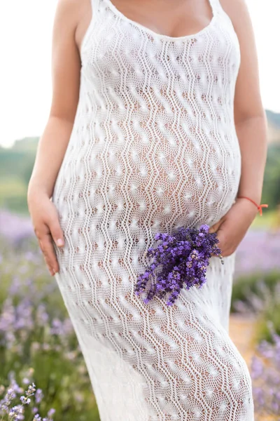 Обрезанное изображение беременной женщины, касающейся живота и держащей лавандовые цветы — стоковое фото