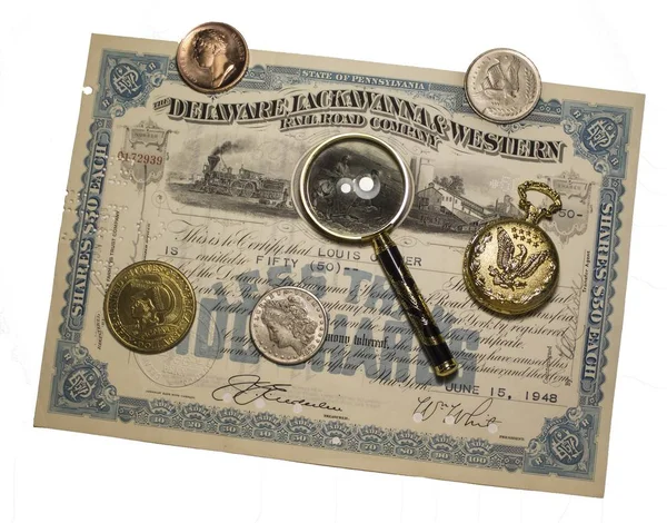 Isolated White Background Old Money Banknotes Coins Magnifying Glass — Stock Photo, Image