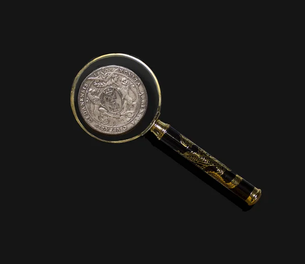 Old Coin Magnifying Glass Isolated Background — Stock Photo, Image