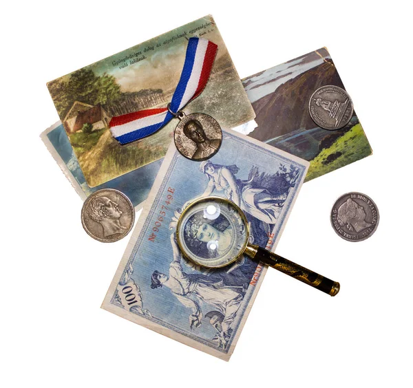 Isolated Background Old Money Banknotes Coins Magnifying Glass — Stock Photo, Image