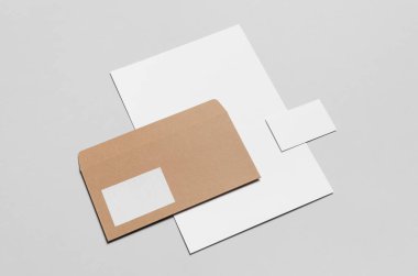 Marka / Kırtasiye Mock-Up - Kraft ve beyaz - Antetli kağıdı (A4), Dl zarf, iş kartı (85x55mm)