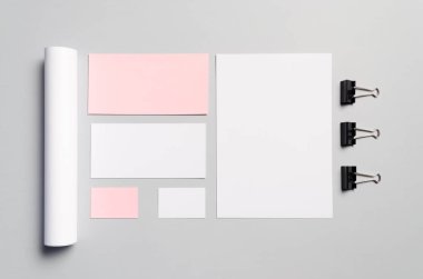 Marka / Kırtasiye Mock-Up-pembe ve beyaz - Antetli kağıdı (A4), Dl zarf, övgü tüp posta makbuzu (99x210mm), ticari kartlar (85x55mm),