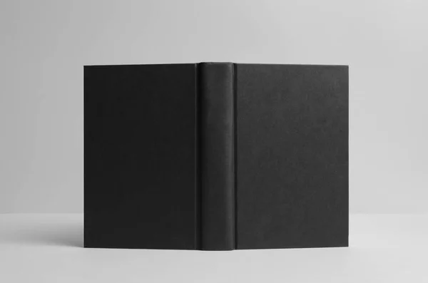 Black Hardcover Book Mock Aberto Fora Fundo Parede — Fotografia de Stock