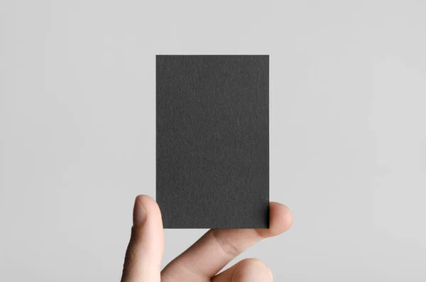 Black Business Card Mock 85X55Mm Male Hands Holding Blank Card — Stock Photo, Image