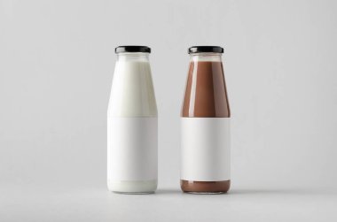 Süt şişesi Mock-Up-iki şişe. Boş etiket