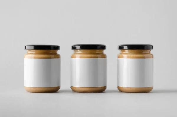 Peanut Almond Nut Butter Jar Mock Three Jars Blank Label — Stock Photo, Image