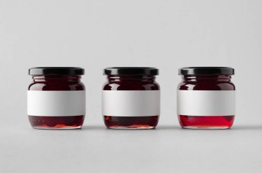 Kiraz reçel kavanoz Mock-Up-üç kavanoz. Boş etiket