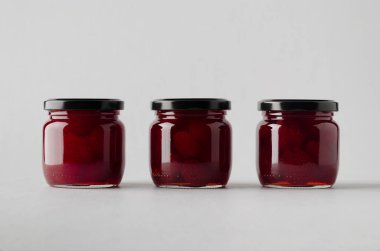 Çilek reçeli kavanoz Mock-Up-üç kavanoz