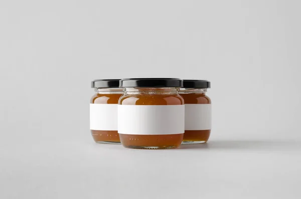 Apricot Jam Jar Mock Three Jars Blank Label — Stock Photo, Image