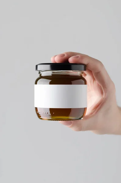 Honing Pot Mock Blank Label Mannelijke Handen Met Een Pot — Stockfoto
