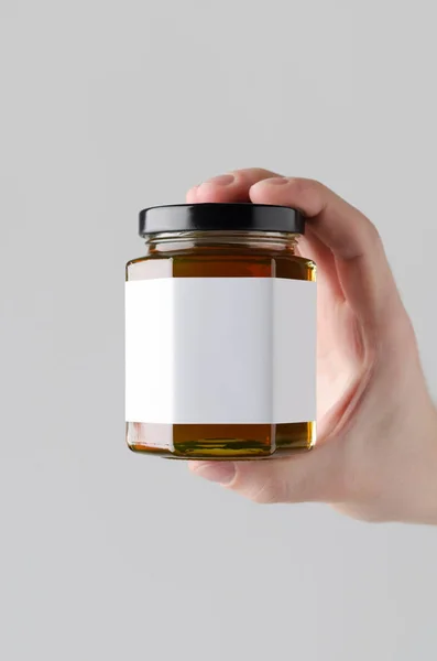 Honey Jar Mock Blank Label Male Hands Holding Honey Jar — Stock Photo, Image