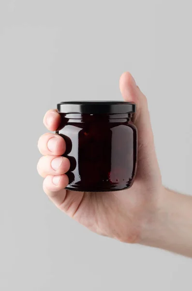 Cherry Jam Jar Mock Male Hands Holding Jam Jar Gray — Stock Photo, Image