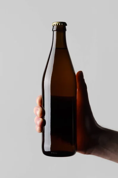 Beer Bottle Mock Male Hands Holding Beer Bottle Gray Background — Stock Photo, Image