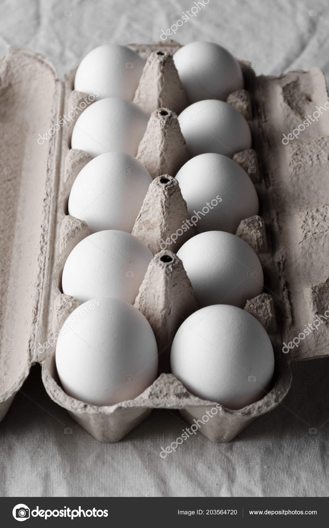 White Eggs Egg Carton White Linen Tablecloth Background Stock Photo by