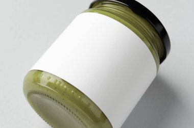 Balkabağı, kenevir tohumu tereyağı kavanozu boş etiketli maket.