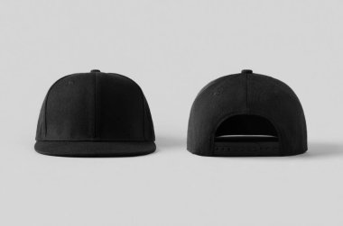 Gri arka plan, ön ve arka taraf siyah snapback modelleri.