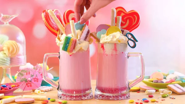 Popular trend strawberry freak shakes milkshakes — Stock Photo, Image