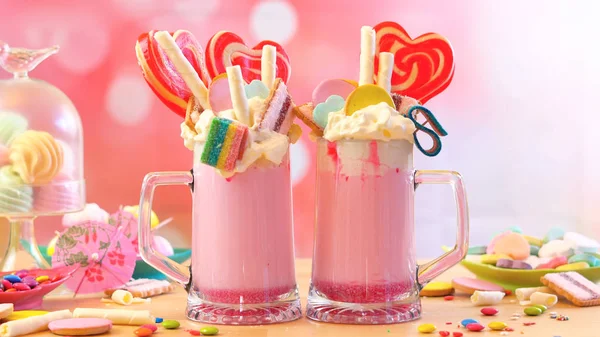 Popular trend strawberry freak shakes milkshakes — Stock Photo, Image