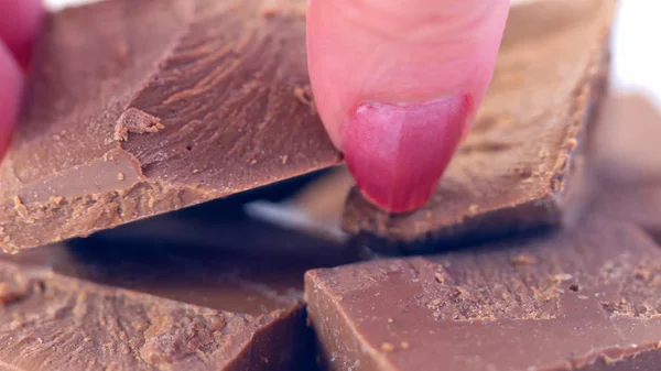 Chopped premium belga Gianduja chocolate macro closeup . — Fotografia de Stock