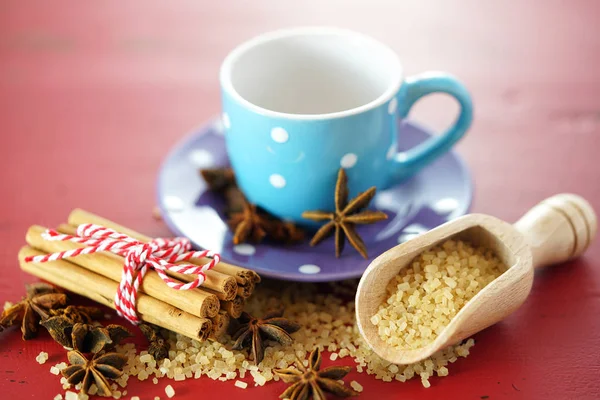 Açúcar de café, canela e anis estrela adoçante café macro closeup — Fotografia de Stock