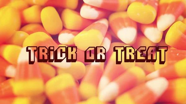 Macro closeup of Halloween traditional Candy Corn treats retro filter with text. — Stock Photo, Image