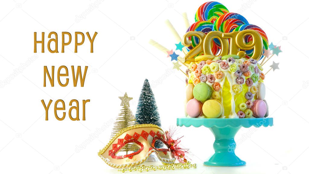 2019 Happy New Years candy land lollipop drip cake with text greeting.