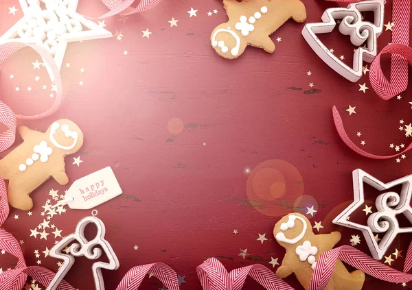 Weihnachten Hintergrund auf rotem Holztisch mit Linsenschlag. — Stockfoto
