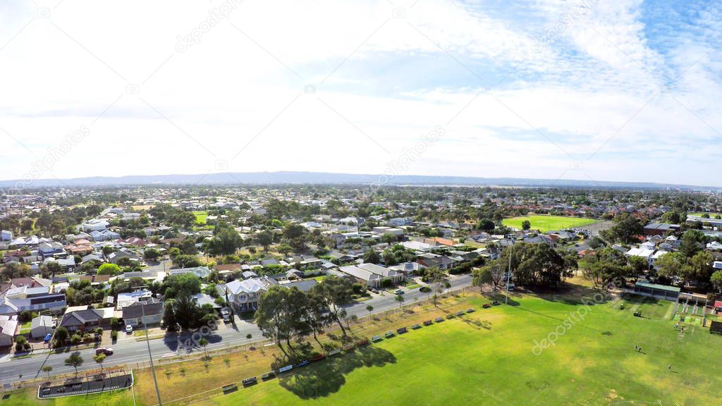 Aerial view of Australian public park and sports oval, taken at Henley Beach.