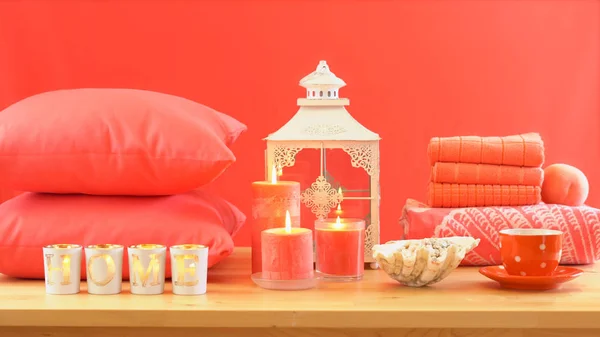 Vivir Coral 2019 Color del año homewares mesa ajuste . —  Fotos de Stock