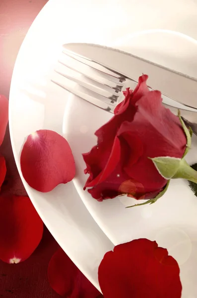 Ajuste de mesa de San Valentín primer plano con rosas en platos —  Fotos de Stock