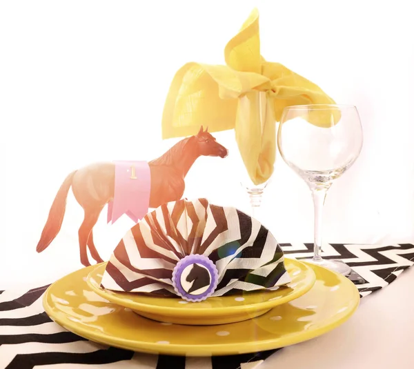 Horse racing carnival event luncheon table place setting with lens flare. — Stock Photo, Image