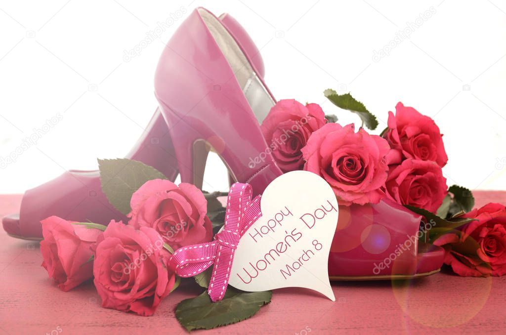 International Womens Day, March 8, with pink high heels and roses.