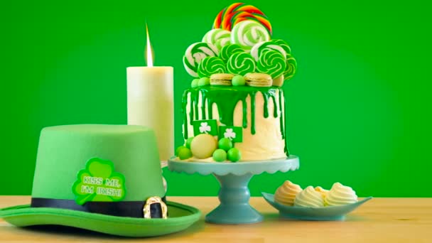 St Patricks Day theme lollipop candy land drip cake. Royalty Free Stock Footage