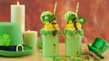 Mutlu St Patricks Günü Tarih-eğilim tatil ucube şeker ve lolipop dekore edilmiş milkshakes sallıyor.