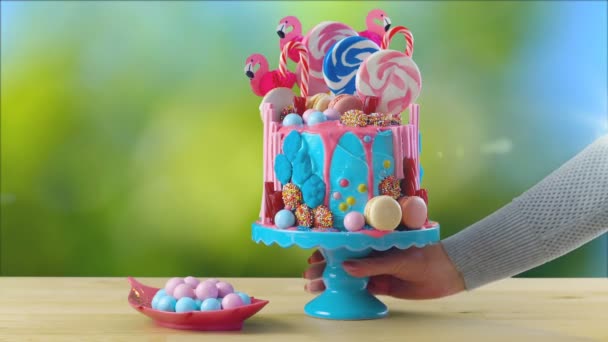 Candy-land flamingos birthday drip cake, garden party setting, lensflare. — Stock Video