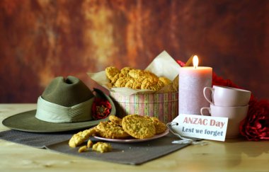 Traditional ANZAC biscuits with Australian Army Slouch Hat with copy space. clipart