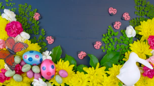 Ostern Overhead-Anzeige von frischen Frühlingsblumen auf dunkelblauem Holz Zeitraffer.