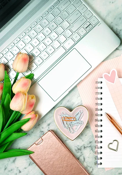 Feminin skriv bord med modern pekskärm laptop och rosa guld tillbehör — Stockfoto