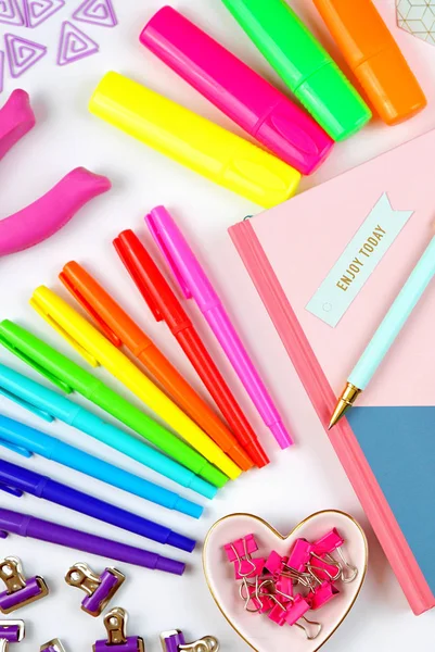 Back to school or workspace colorful stationery overhead flatlay. — Stock Photo, Image