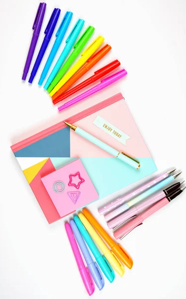 Back to school or workspace colorful stationery overhead flatlay. — Stock Photo, Image