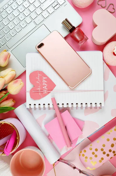 Ultra feminine workspace with touch screen PC overhead flat lay. — Stock Photo, Image