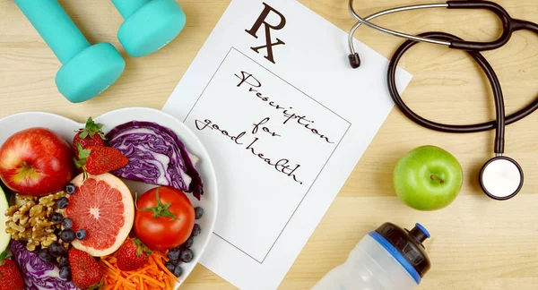Prescription for good health diet and exercise flat lay overhead. — Stock Photo, Image