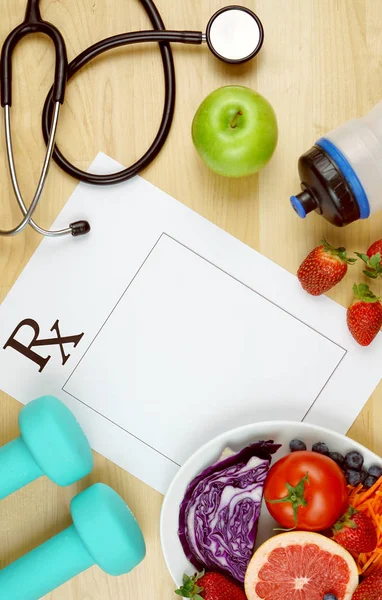 Prescription for good health diet and exercise flat lay overhead with copyspace. — Stock Photo, Image