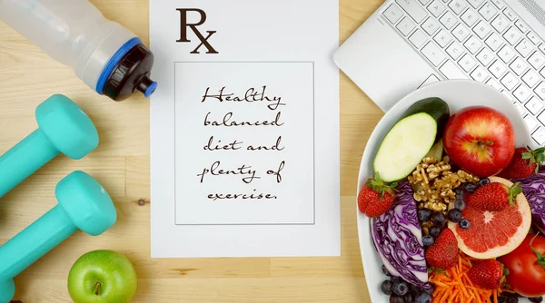 Prescription for good health diet and exercise flat lay overhead. — Stock Photo, Image