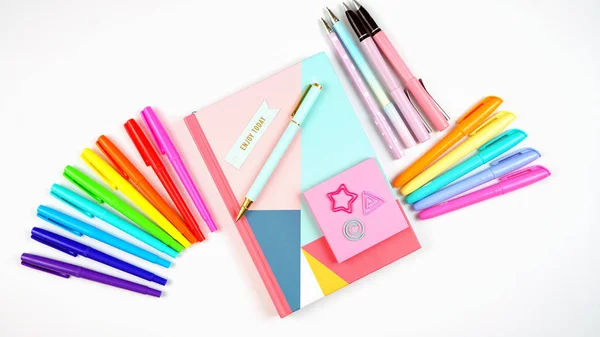 Back to school or workspace colorful stationery overhead flatlay. — Stock Photo, Image