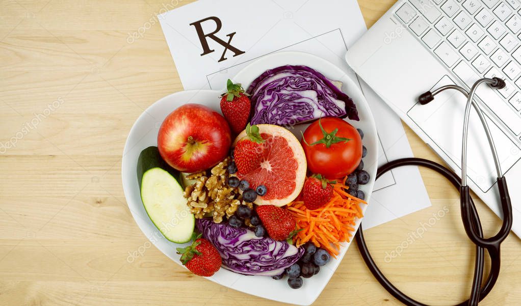 Prescription for good health diet and exercise flat lay overhead with copyspace.