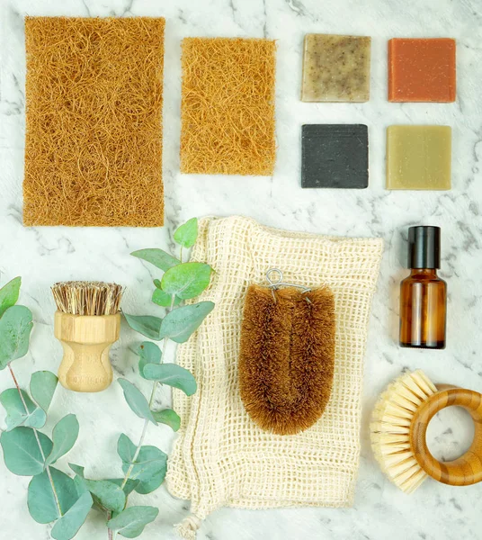 Zero-waste, plastic-free laundry and cleaning household products flatlay. — Stock Photo, Image