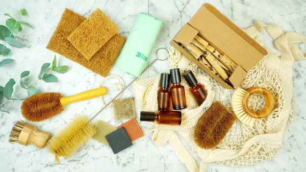 Zero-waste, plastic-free laundry and cleaning household products flatlay. Royalty Free Stock Images