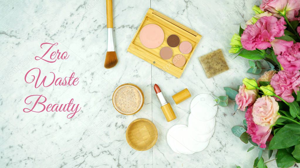 Zero-waste, plastic-free beauty and makeup products flatlay overhead.