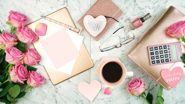 Ultra feminine pink desk workspace with rose gold accessories flatlay. — Stock Photo, Image